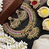 Vriksham Dual Peacock & Concert Pendant Style Short Neckpiece-Pearl-Gold & Green Bead-G20540